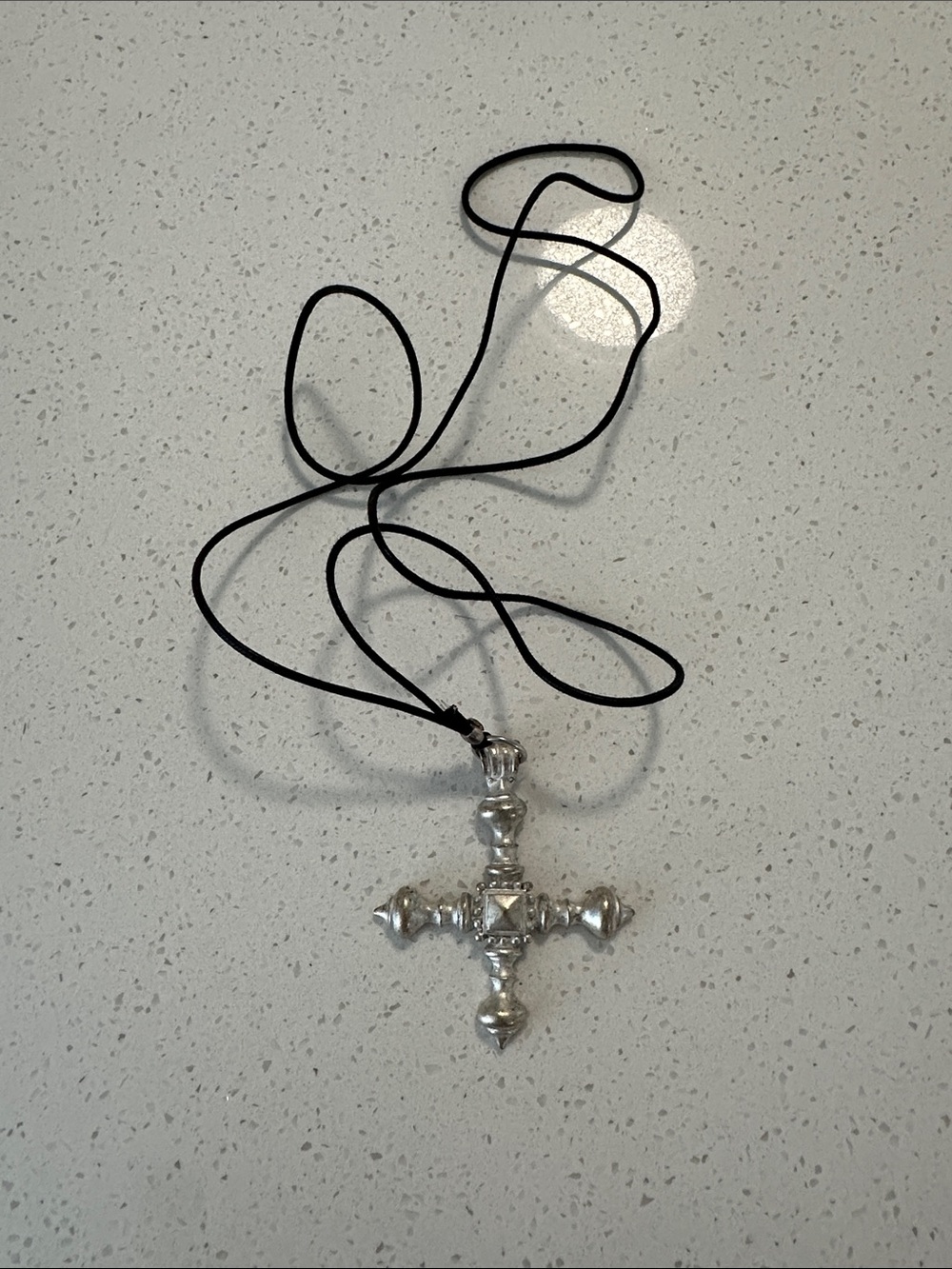 Silver Cross Pendant Necklace on Black Cord